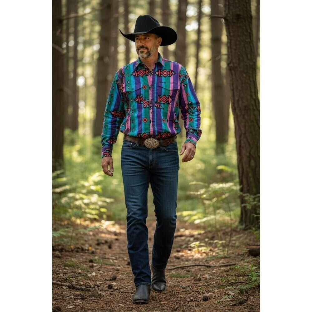 Wrangler Brushpopper Western Shirt Mens XXL Stripe Aztec Rodeo Southwest Cowboy